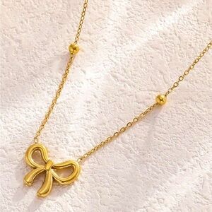 Gold Bow Pendant Necklace with Beads Stainless Steel
